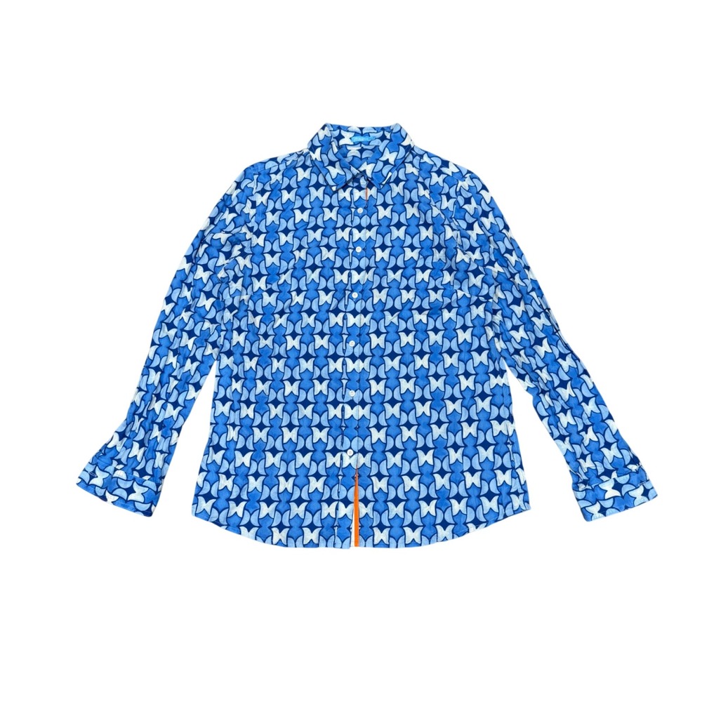 J.McLaughlin Pop‎ Tulip Stripe Shirt Blue Geometric Preppy Button Down Women M